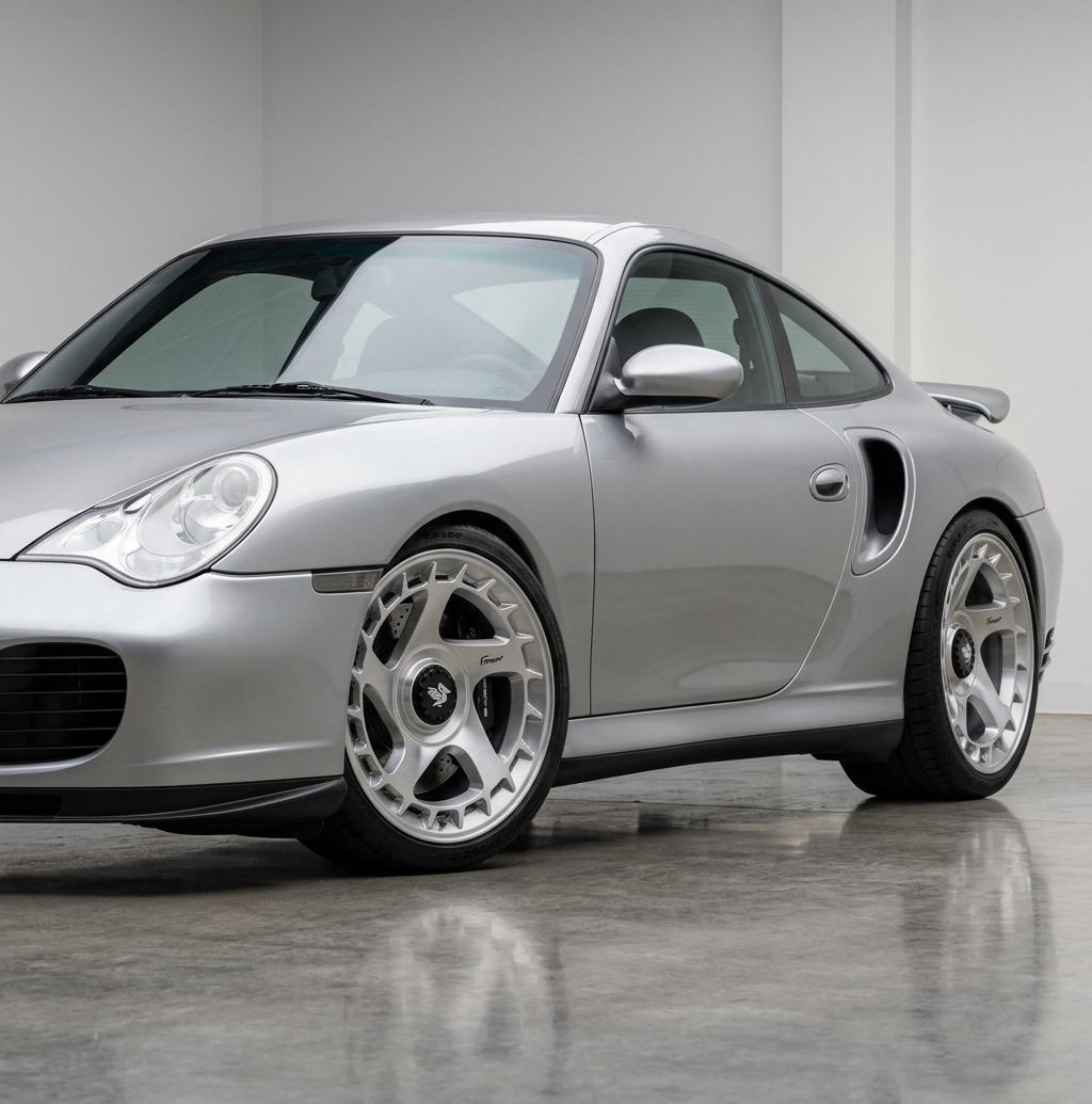 Typspec 1 wheels on a silver Porsche 996 Turbo, front view