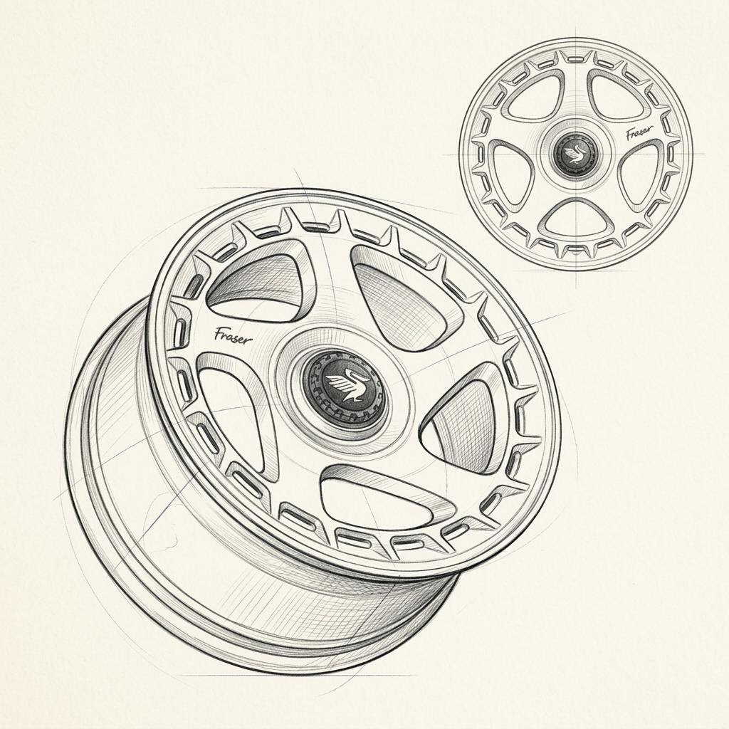Typspec 1 pencil study showing its five sculpted spokes, perimeter slots and pelican centre cap in angled and front views