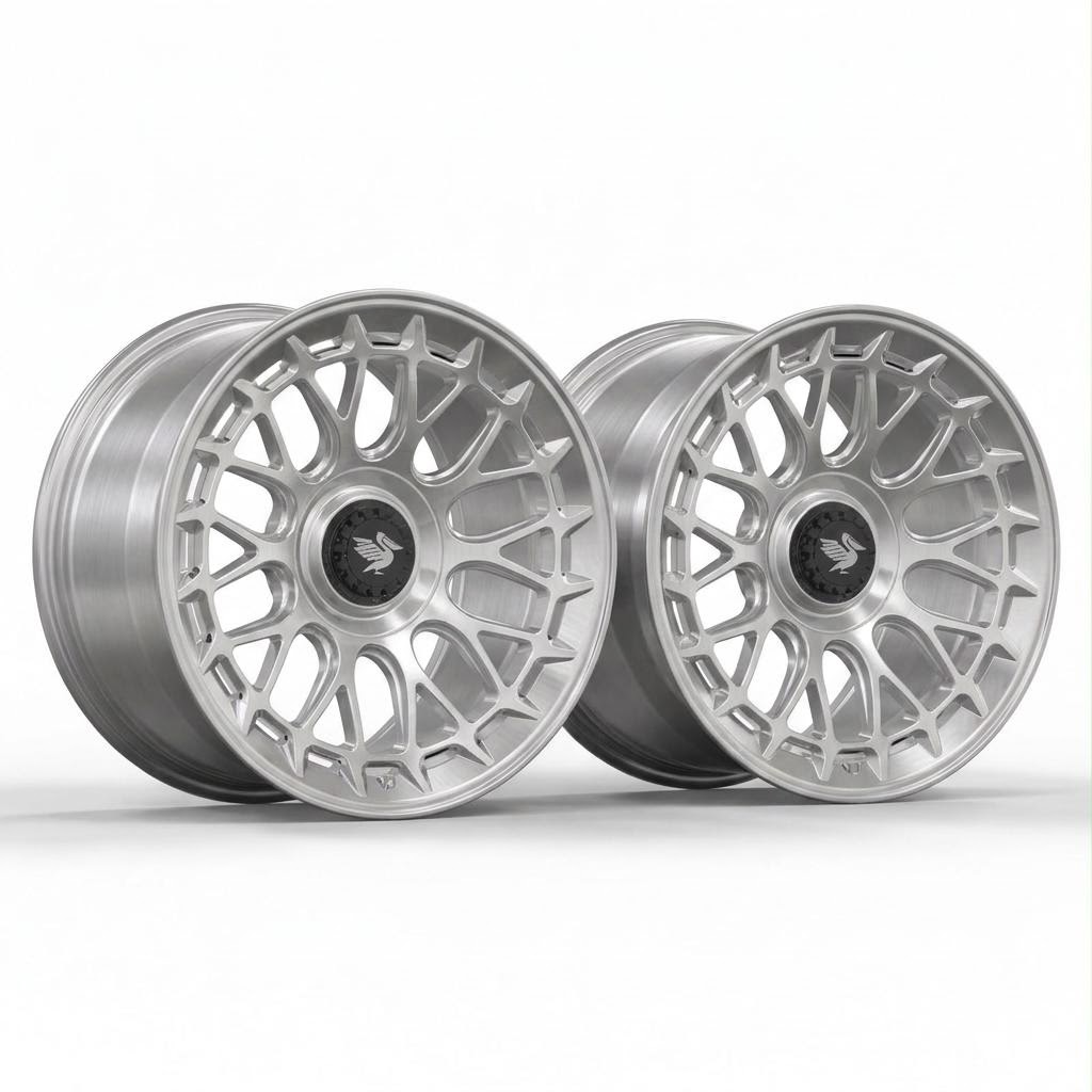 Typspec 2 split-spoke concept pair in brushed aluminium with sculpted perimeter detailing